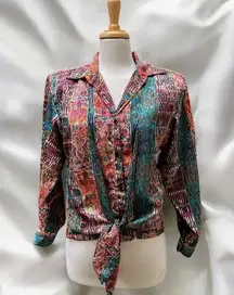 VTG Shirt Sz M Abstract Geometric Shimmer Tie Front Button Retro Funky Western