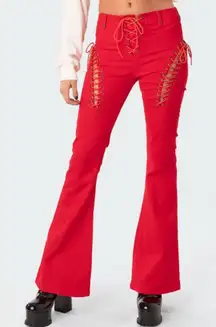 Edikted x Dolls Kill Small Engine Red Corset Flare Jeans Pants