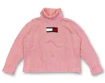 VTG Tommy Hilfiger Womens Sweater XXL Pink Cotton Cable Knit Turtleneck Pullover