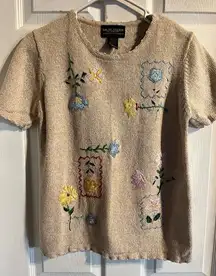 Salon Studio Knit Short Sleeve Top Size Small Embroidered‎ Floral Vintage Granny