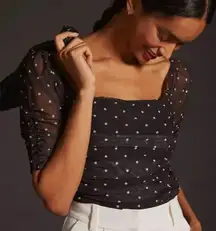 Anthropologie Black & White Polka‎ Dot Square Neck Shirred Mesh Top Size Medium