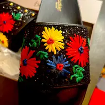 Botkier Black and Red Sandals with Bold Floral Design