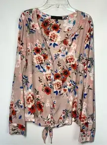 Sanctuary Women's Floral Split Neck Button Front Knot Blouse Blush Large NWOT