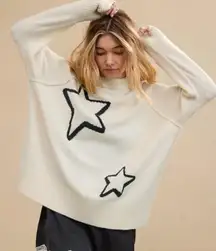 Aiere unReal Crewneck Oversized Sweater Beige Graphic Black Stars Size Medium
