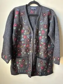 Vintage Monsoon Women’s Floral Embroidered Cardigan Sweater 100% Wool Size Med