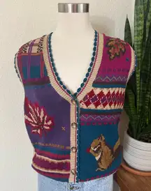 Vintage fall Squirrel Sweater Vest Ramie Cotton 90s Fall Knit small embroidered
