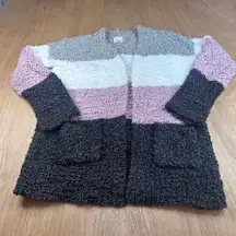 Hippie Rose Boucle Popcorn Knit Cardigan L Colorblock Open Front Cozy Pockets