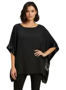 AB Studio Black Chiffon Pullover Poncho Blouse with Black Sequins Trim Medium