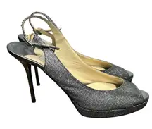 Jimmy Choo Nova Silver Anthracite Glitter Slingback Heels Peep Toe Stiletto 38