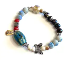 Silver Butterfly Bracelet Blue White Red Brown Elastic Stretchy Ceramic Beaded