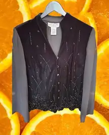 J.R. Nites By‎ Carol Lin Black Rhinestone V Neck Blouse Size 10