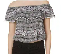 NEW Bongo Juniors L Off-the-Shoulder Top Floral Bohemian Black Pom Ruffle Boho