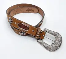 Nacona Brown‎ Leather And Calf Hair Rhinestone Western Belt