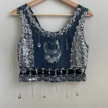 KBB JEANS Vintage 90s Dark Wash Denim Sequin Beaded Handmade Smocked Tank Top