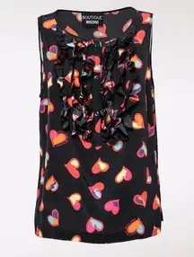 Boutique 100% Silk Sleeveless Blouse Heart Print Ruffle Front Medium