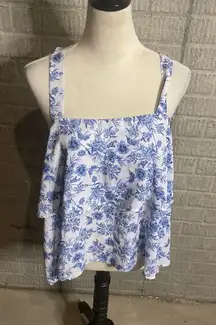 Pink Lily‎ Blue White Floral Tie Strap Tiered Flounce Tank Size Large