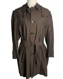 Vintage 70s Womens Rain Trench Coat L Brown Buttons Lined Pockets Belted