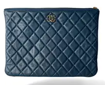 CHANEL Blue Quilted Lamb Skin Clutch with Back Pocket and zippered Closure