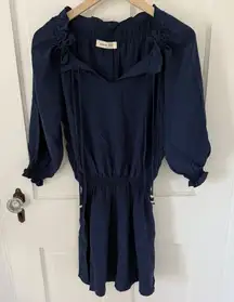 Amour Vert Navy Blue Silk 3/4 Sleeve Ruched Mini Dress Size Small S
