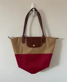 Longchamp Le Pliage Two Tone Tote Bag Beige Red Leather Trim