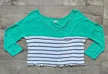 Aerie Green White Black Stripe Colorblock Pocket T-Shirt 3/4 Sleeve Lettuec Hem