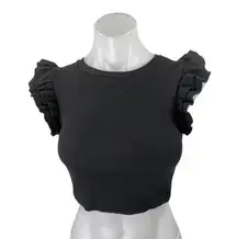 Zara Women's Black Rib Knit Ruffle Flutter Short Sleeve Crop Blouse Top Size S