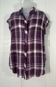 Como Vintage Purple Plaid Button Down Short Sleeve Top Size Small NWT