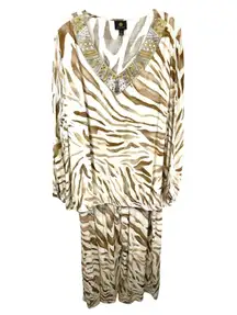 JM Collection Plus Size 3X Pant Set Blouse Zebra Print Beaded Long Sleeve Top C