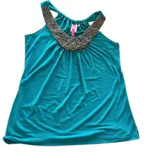 HEART SOUL Teal Tank Top Embellished Beaded Mesh Scoop Neck Sleeveless Small EUC