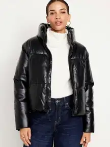 NWT  Mock Neck Faux Leather Puffer Jacket / Black Jack / Size L