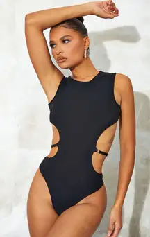PrettyLittleThing Recycled Black Cut Out Slinky Bodysuit Size 12 NWT