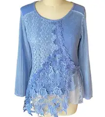 SIMPLY COUTURE Women's Lined Linen Light Blue Lace Pullover Tunic Sweater ~ M/L