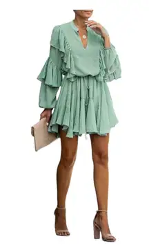 Sage Green Polka Dot Long Sleeve Ruffle Mini Dress Casual Flowy Swing Medium