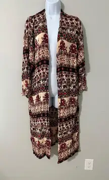 Zara Trafaluc Kimono Duster Cardigan Red Beige Elephant Floral Bohemian Medium