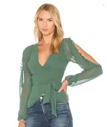 Majorelle Katya Wrap Blouse in Jade Green Long Sleeve Peekaboo Arms Small