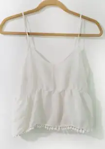 White Tank Top Nella Fantasia M Fringe Pompom Trim