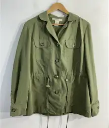 Womans Requirements Jacket Small Green Button Up Draw String Waist