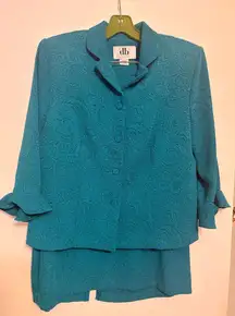 Vintage DB Collection Women's Teal Floral Skirt Blazer Suit Set Size 10 Petite