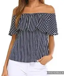 Sherosa Top Off the Shoulder Striped Flounce Blue M Boho Chic Party Nautical Mod