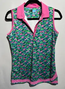 NWT PGA Tour Golf Womens Tank Top Green Pink Camouflage Sleeveless‎ Snap S Polo