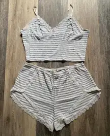 Striped Rib Knit Lace Hem Cropped Bralette Shorts Set Large Intimate Dainty Cozy