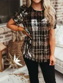 New With tags THML Plaid Sequin Puff Sleeve Top Sz M