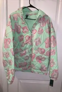 Wild Fable Floral Print Coat Jacket Zip Quilted Women's Size Large Green Pink