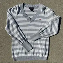 Vintage Polo Jeans Company Ralph Lauren Grey and White Striped Cotton Sweater
