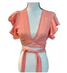 Hot & Delicious Womens Crop Top Pink Wrap Tie Short Flutter Sleeve V-neck S New