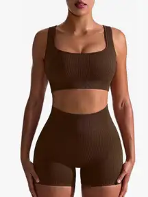 Brown Ribbed Seamless Workout Set