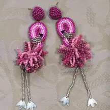 Pink Flamingo Tiki Hawaiian Tropical Seed Bead Earrings With Dangly Legs