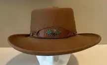 VTG SCALA Brown Hand Made 100% Wool Fedora Hat‎ One Size Leather Trim Turquoise