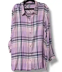 CATHERINES plus size women’s 3X long sleeve plaid roll tab sleeves pink & purple