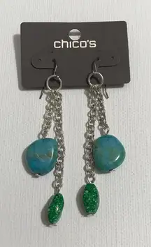 Chico’s Silver Tone Faux Turquoise Green Blue Beads Dangle Earrings